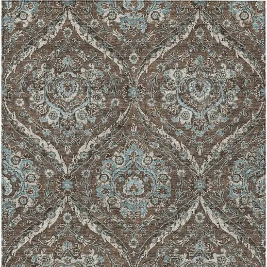 Chocolate And Silver Floral Washable Indoor Outdoor Area Rug Photo 4