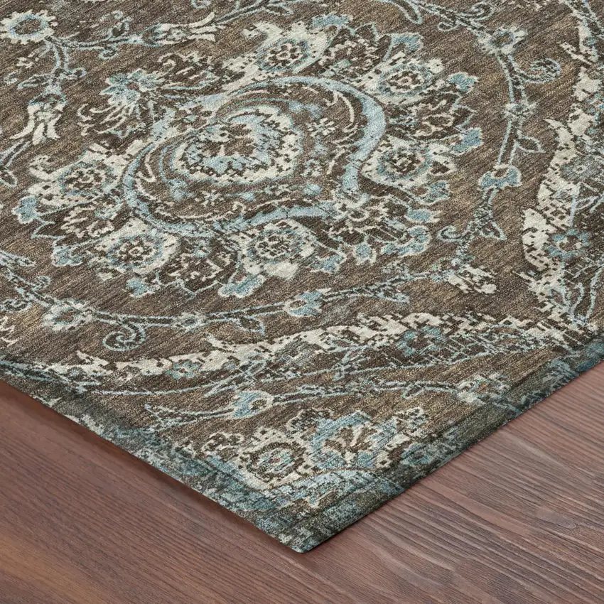Chocolate And Silver Floral Washable Indoor Outdoor Area Rug Photo 5