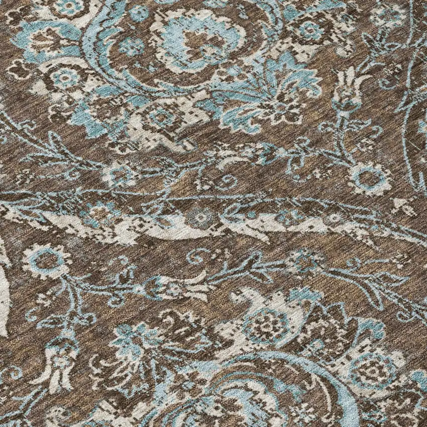 Chocolate And Silver Floral Washable Indoor Outdoor Area Rug Photo 6
