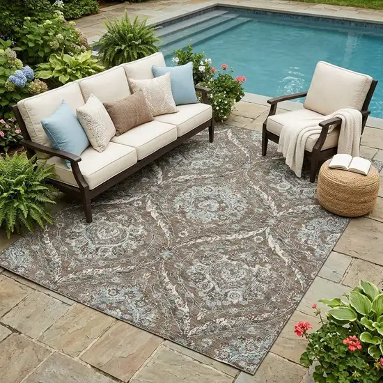 Chocolate And Silver Floral Washable Indoor Outdoor Area Rug Photo 1