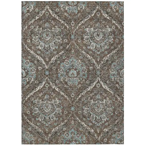 Chocolate And Silver Floral Washable Indoor Outdoor Area Rug Photo 2