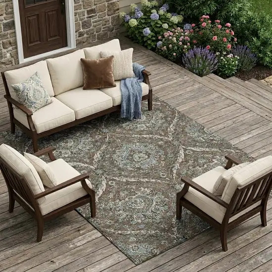 Chocolate And Silver Floral Washable Indoor Outdoor Area Rug Photo 1