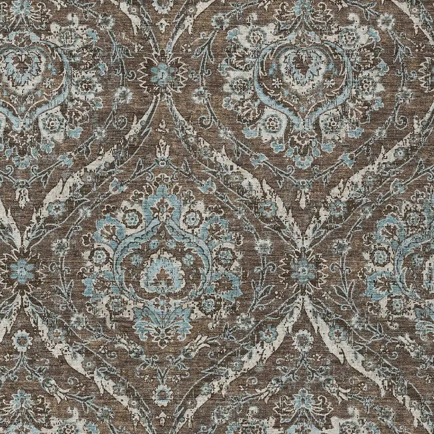 Chocolate And Silver Floral Washable Indoor Outdoor Area Rug Photo 3