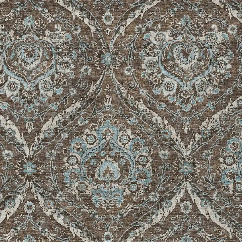 Chocolate And Silver Floral Washable Indoor Outdoor Area Rug Photo 3