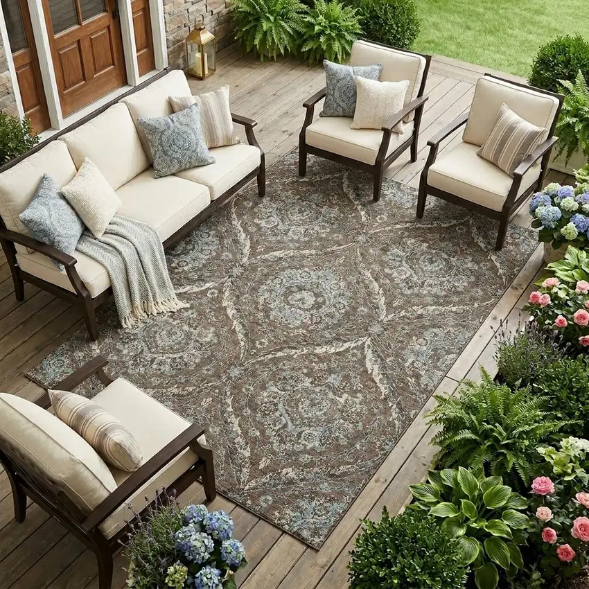 Chocolate And Silver Floral Washable Indoor Outdoor Area Rug Photo 1