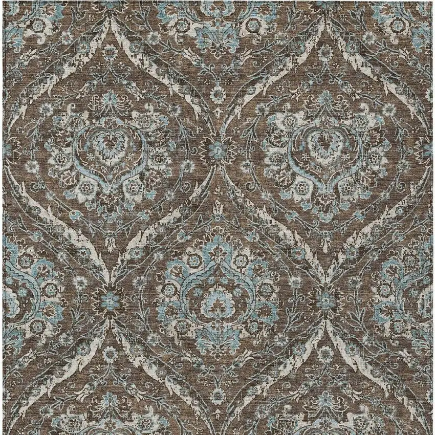 Chocolate And Silver Floral Washable Indoor Outdoor Area Rug Photo 4