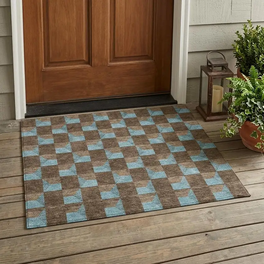 Chocolate And Silver Geometric Washable Indoor Outdoor Area Rug Photo 1