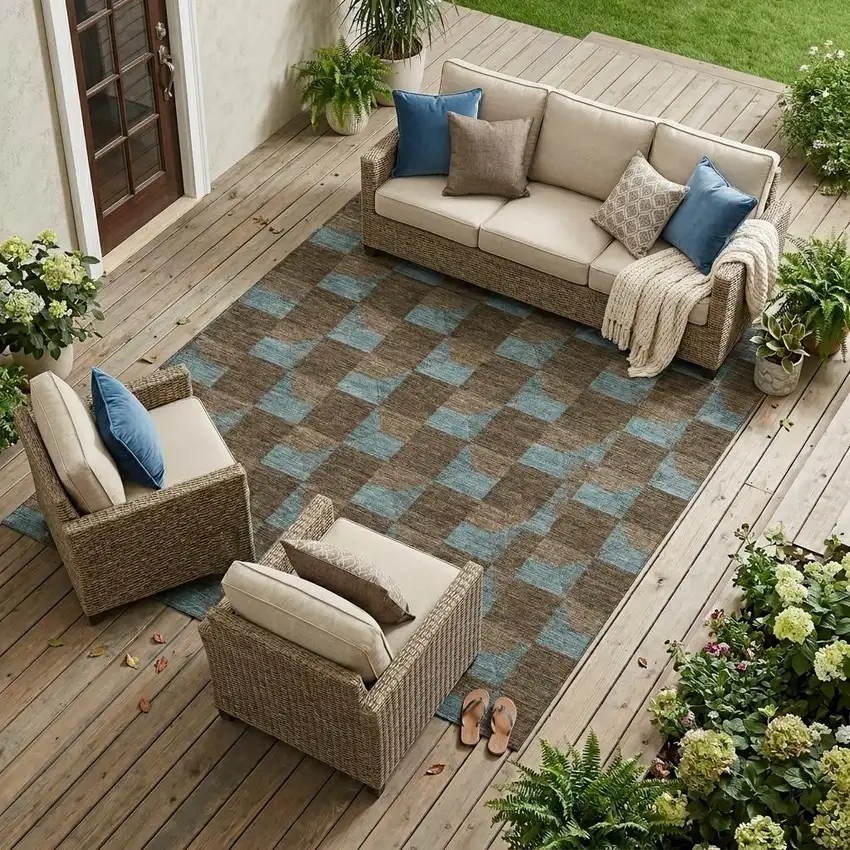 Chocolate And Silver Geometric Washable Indoor Outdoor Area Rug Photo 1