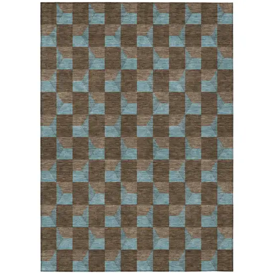 Chocolate And Silver Geometric Washable Indoor Outdoor Area Rug Photo 2