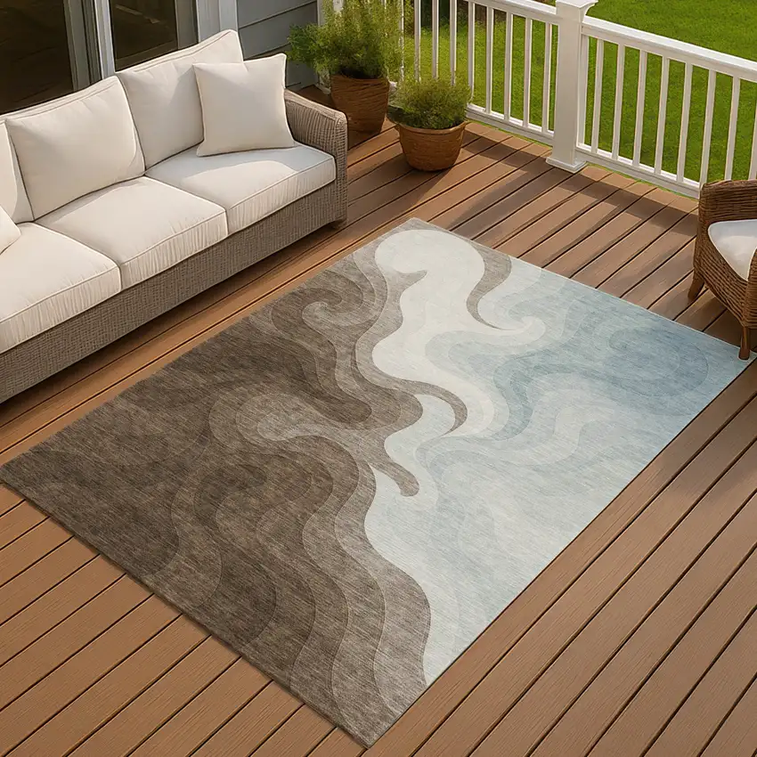 Chocolate And Sky Blue Abstract Washable Indoor Outdoor Area Rug Photo 6
