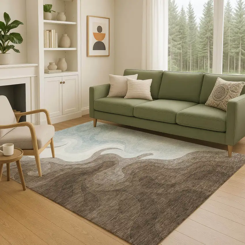 Chocolate And Sky Blue Abstract Washable Indoor Outdoor Area Rug Photo 4