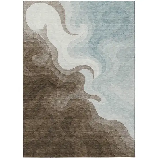 Chocolate And Sky Blue Abstract Washable Indoor Outdoor Area Rug Photo 1