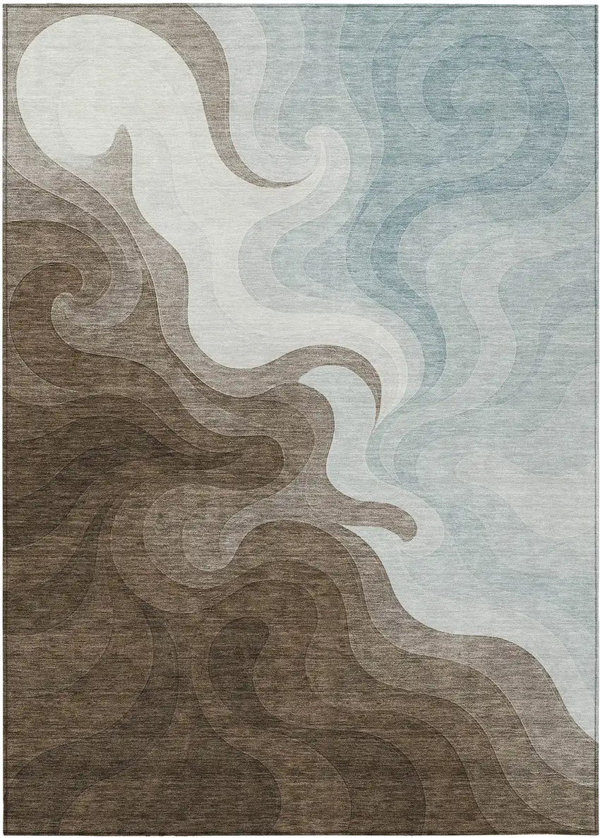 Chocolate And Sky Blue Abstract Washable Indoor Outdoor Area Rug Photo 1