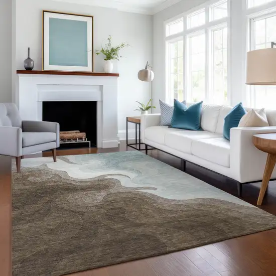 Chocolate And Sky Blue Abstract Washable Indoor Outdoor Area Rug Photo 5