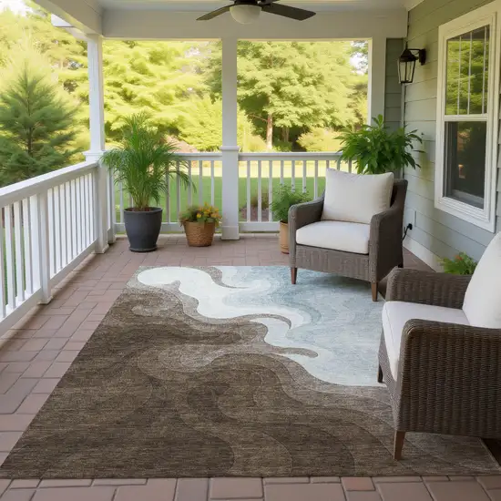 Chocolate And Sky Blue Abstract Washable Indoor Outdoor Area Rug Photo 3