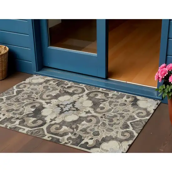 Chocolate And Taupe Damask Washable Indoor Outdoor Area Rug Photo 2