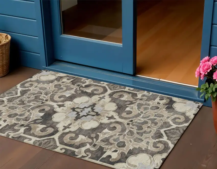 Chocolate And Taupe Damask Washable Indoor Outdoor Area Rug Photo 2