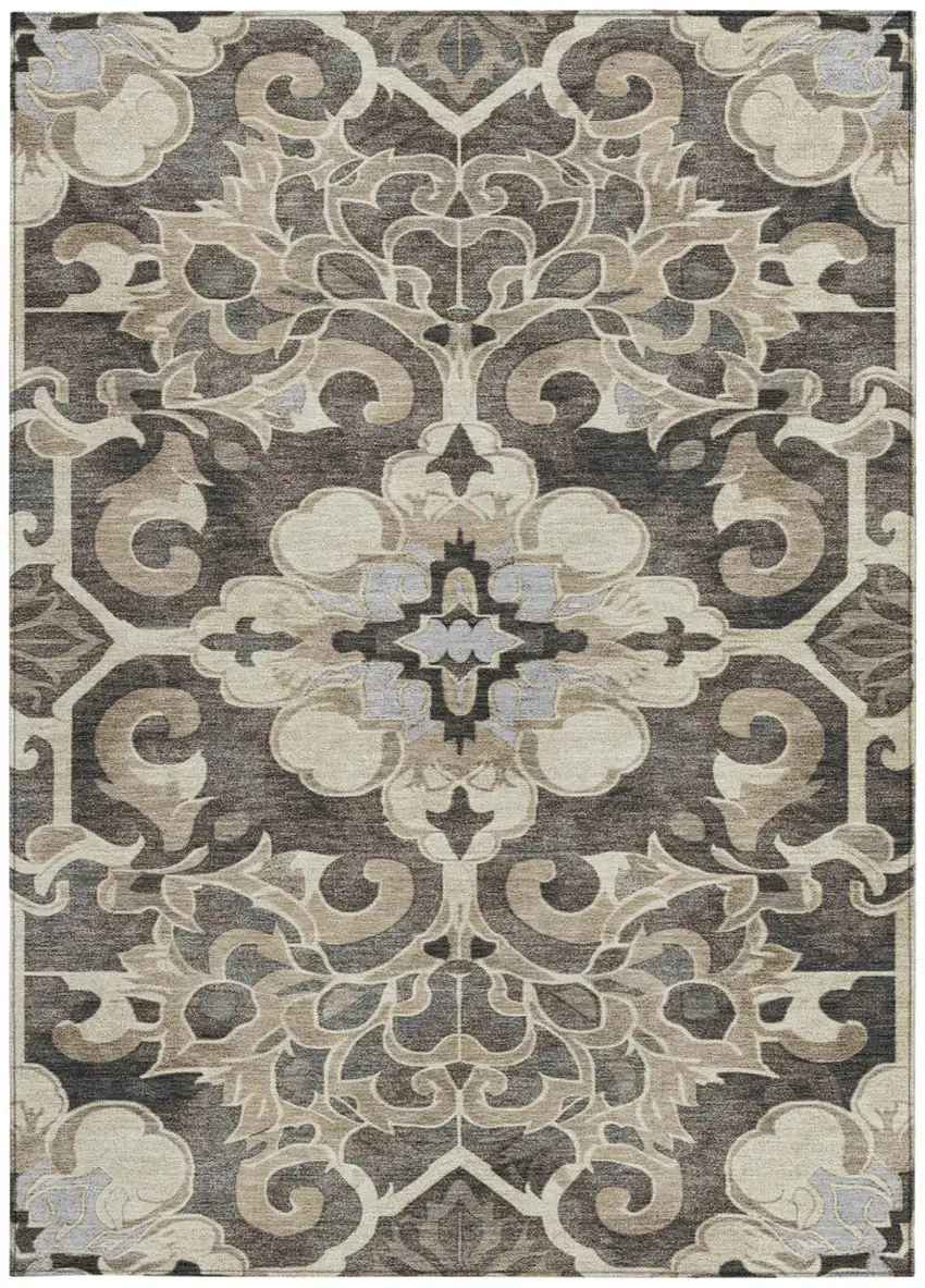 Chocolate And Taupe Damask Washable Indoor Outdoor Area Rug Photo 4
