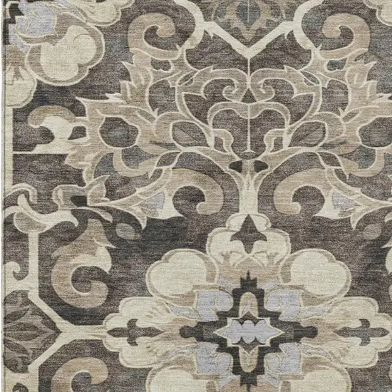 Chocolate And Taupe Damask Washable Indoor Outdoor Area Rug Photo 7