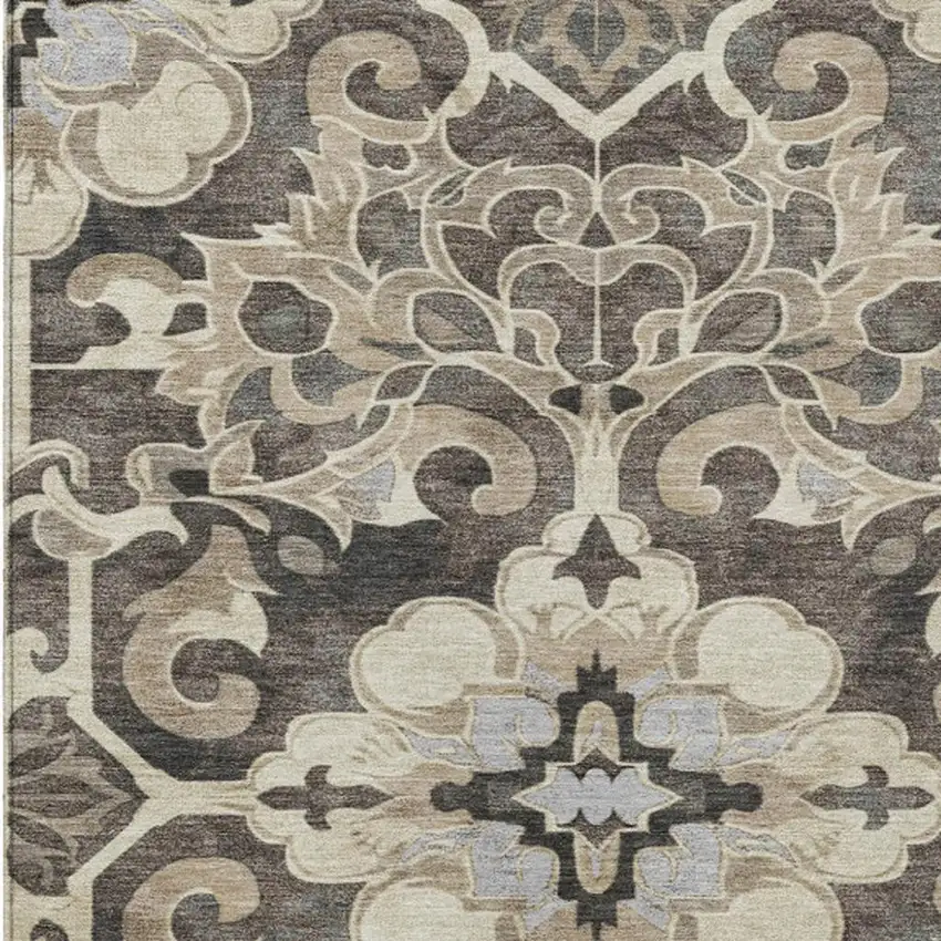 Chocolate And Taupe Damask Washable Indoor Outdoor Area Rug Photo 7