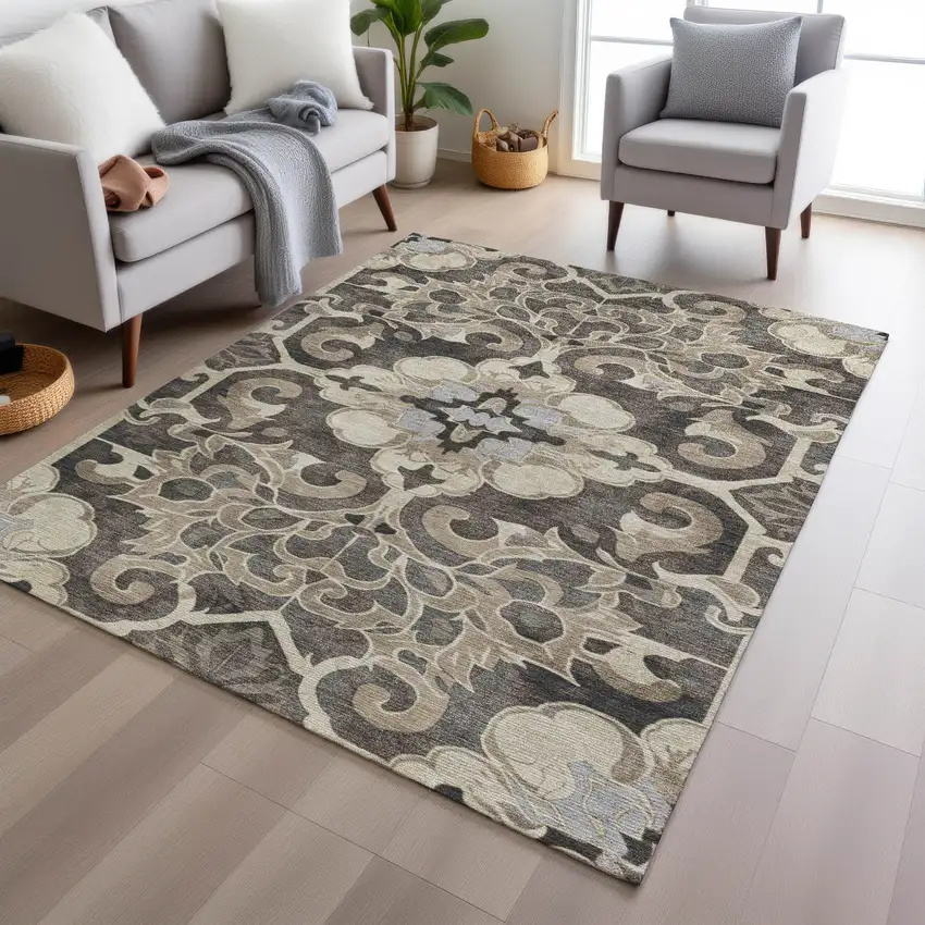 Chocolate And Taupe Damask Washable Indoor Outdoor Area Rug Photo 6
