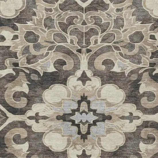 Chocolate And Taupe Damask Washable Indoor Outdoor Area Rug Photo 3