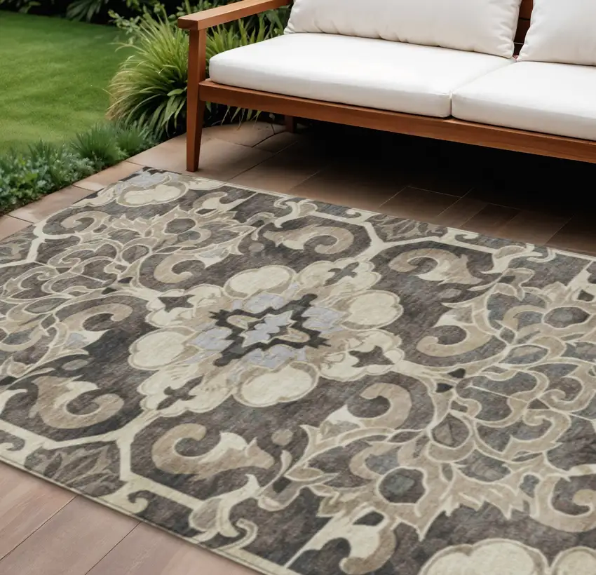 Chocolate And Taupe Damask Washable Indoor Outdoor Area Rug Photo 2
