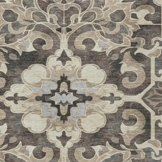 Chocolate And Taupe Damask Washable Indoor Outdoor Area Rug Photo 3