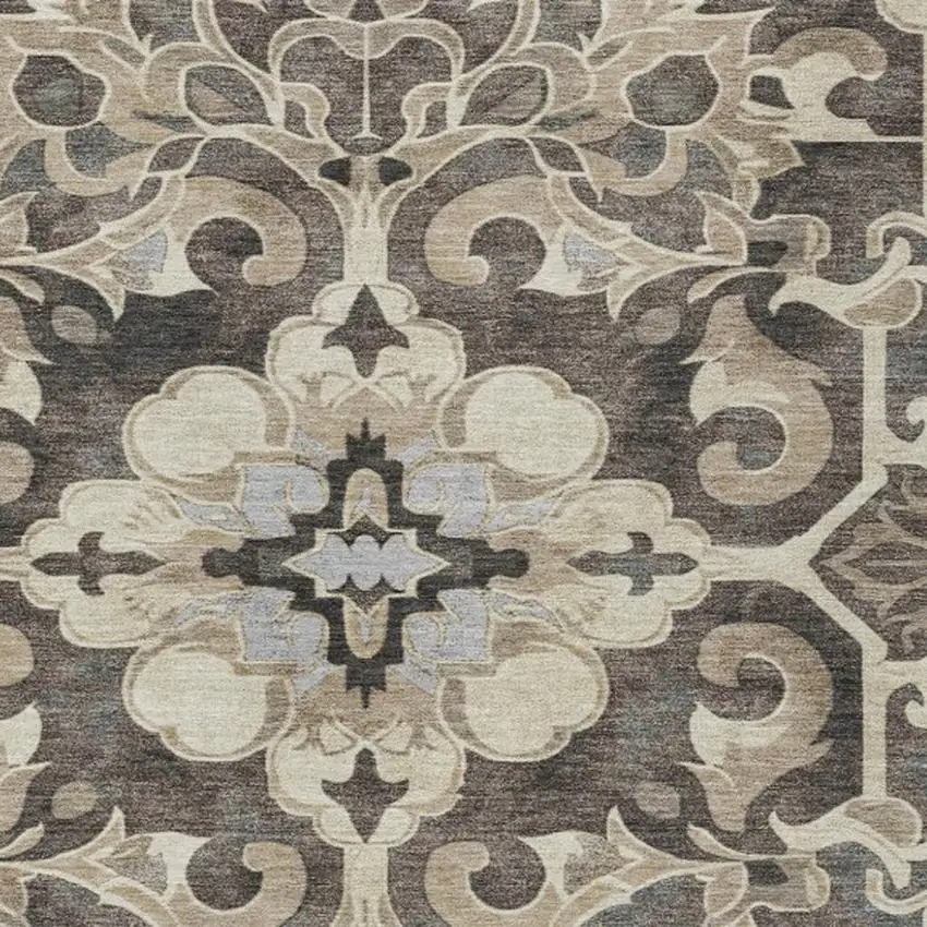 Chocolate And Taupe Damask Washable Indoor Outdoor Area Rug Photo 3