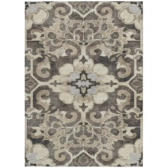 Chocolate And Taupe Damask Washable Indoor Outdoor Area Rug Photo 4