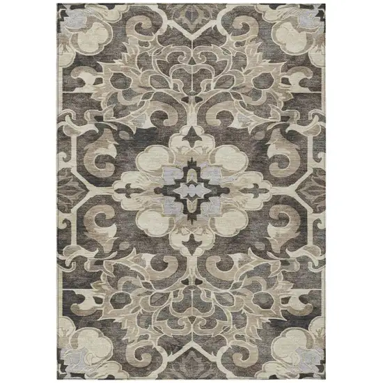 Chocolate And Taupe Damask Washable Indoor Outdoor Area Rug Photo 1