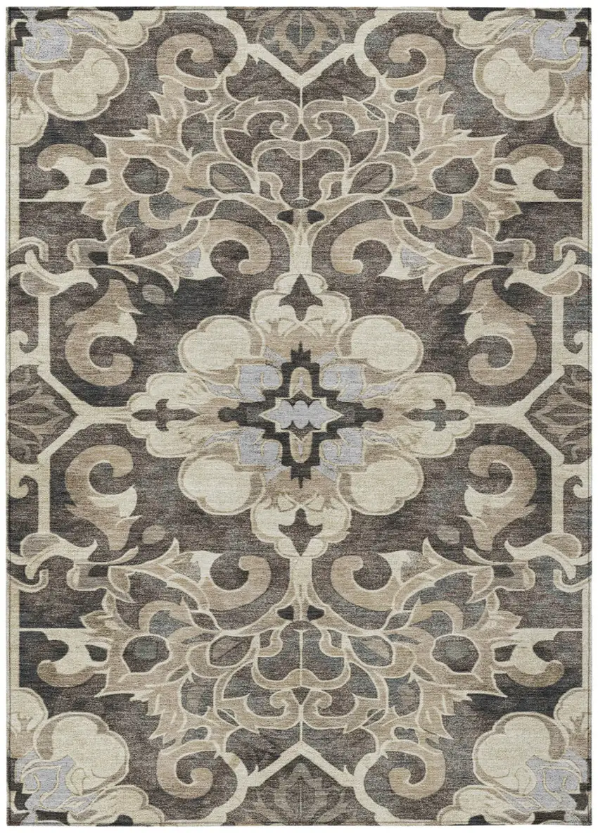 Chocolate And Taupe Damask Washable Indoor Outdoor Area Rug Photo 1