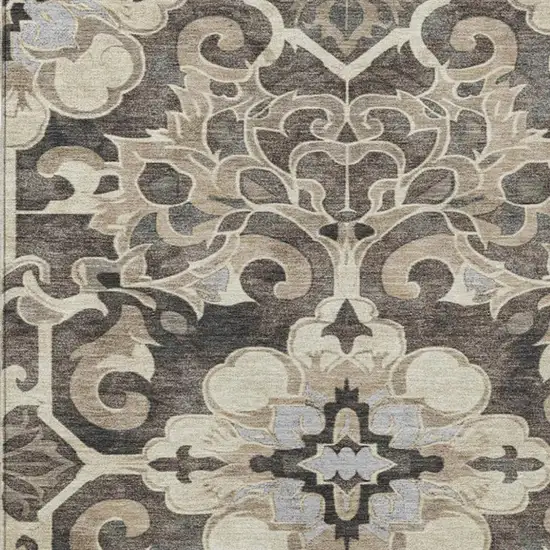 Chocolate And Taupe Damask Washable Indoor Outdoor Area Rug Photo 3