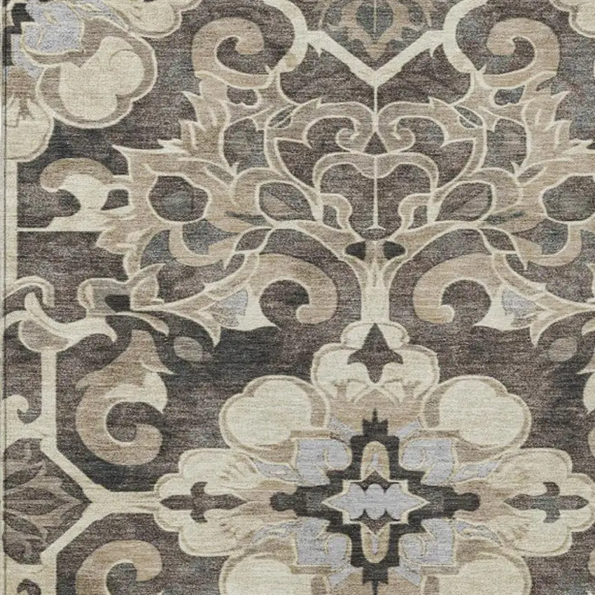 Chocolate And Taupe Damask Washable Indoor Outdoor Area Rug Photo 3