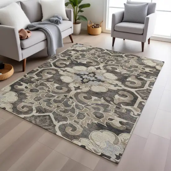 Chocolate And Taupe Damask Washable Indoor Outdoor Area Rug Photo 6