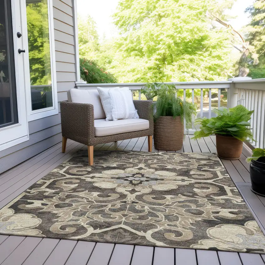 Chocolate And Taupe Damask Washable Indoor Outdoor Area Rug Photo 8