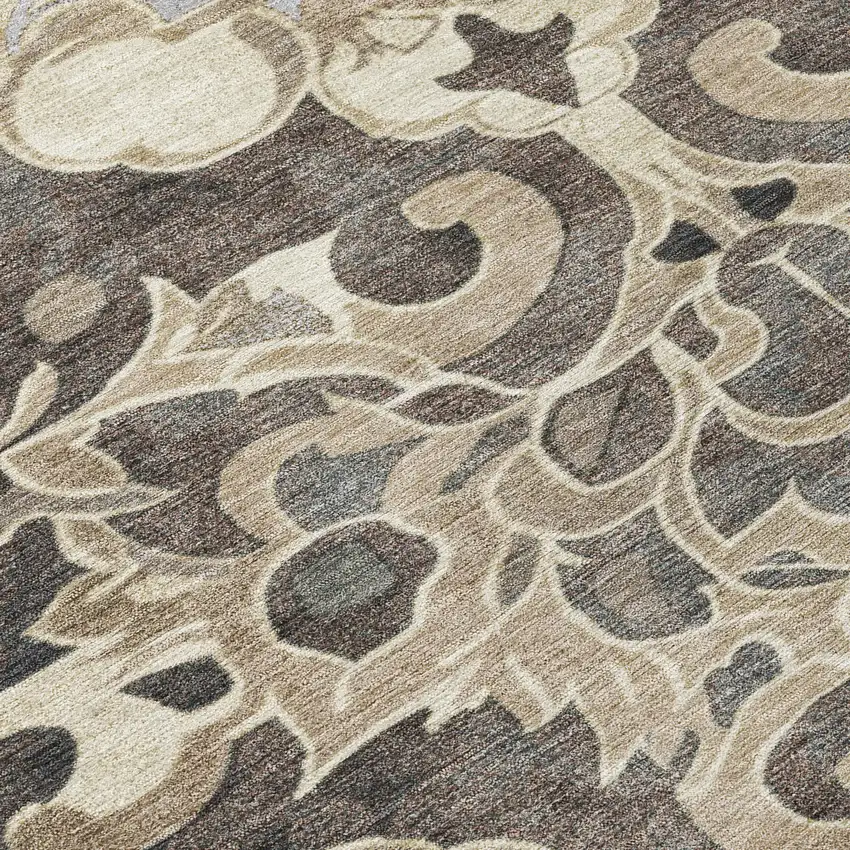 Chocolate And Taupe Damask Washable Indoor Outdoor Area Rug Photo 9