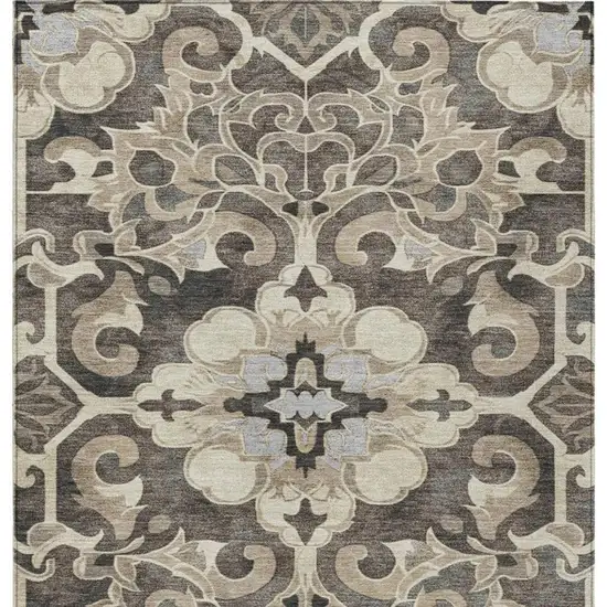 Chocolate And Taupe Damask Washable Indoor Outdoor Area Rug Photo 4