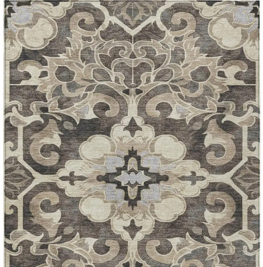 Chocolate And Taupe Damask Washable Indoor Outdoor Area Rug Photo 4