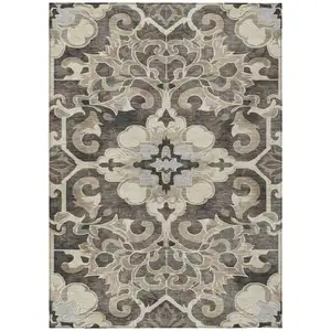 Photo of Chocolate And Taupe Damask Washable Indoor Outdoor Area Rug