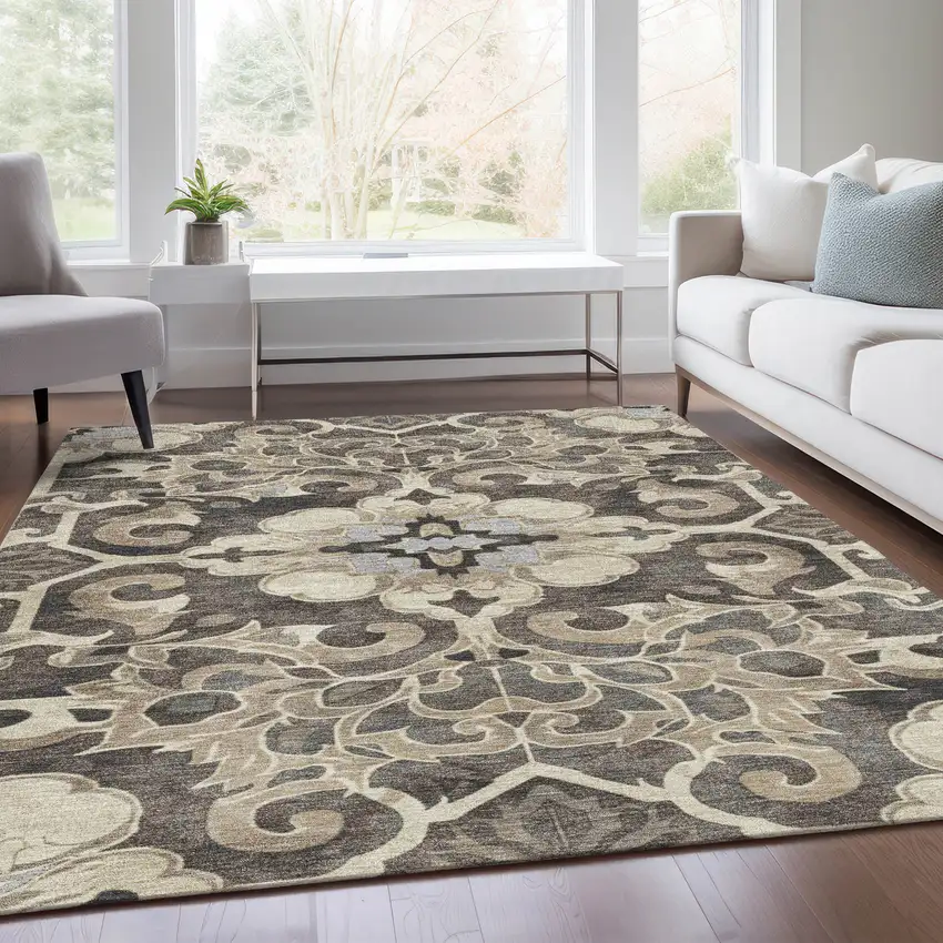 Chocolate And Taupe Damask Washable Indoor Outdoor Area Rug Photo 7