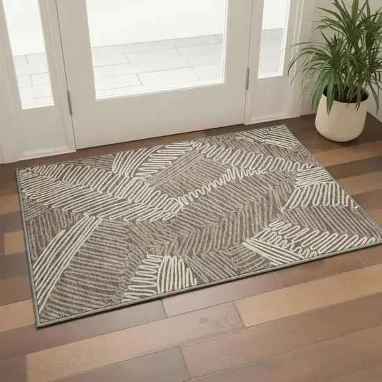 Chocolate And Taupe Floral Washable Area Rug With UV Protection Photo 2