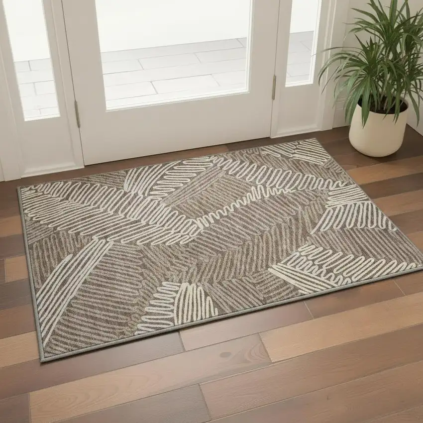 Chocolate And Taupe Floral Washable Area Rug With UV Protection Photo 2