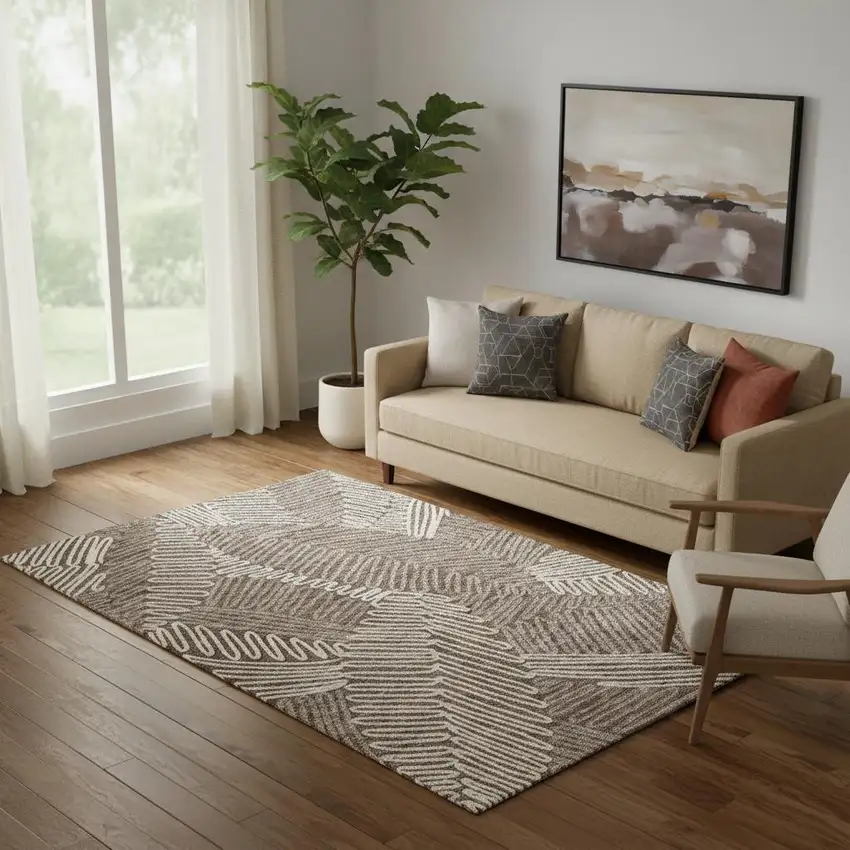 Chocolate And Taupe Floral Washable Area Rug With UV Protection Photo 1