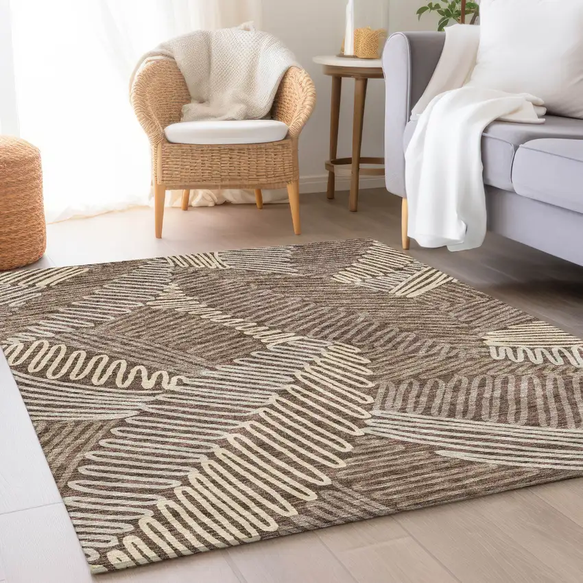 Chocolate And Taupe Floral Washable Area Rug With UV Protection Photo 5