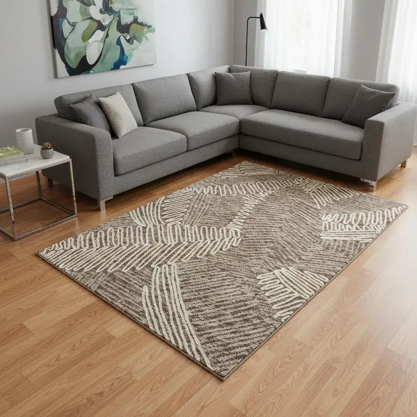 Chocolate And Taupe Floral Washable Area Rug With UV Protection Photo 2