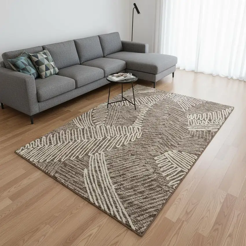 Chocolate And Taupe Floral Washable Area Rug With UV Protection Photo 2