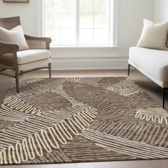 Chocolate And Taupe Floral Washable Area Rug With UV Protection Photo 6