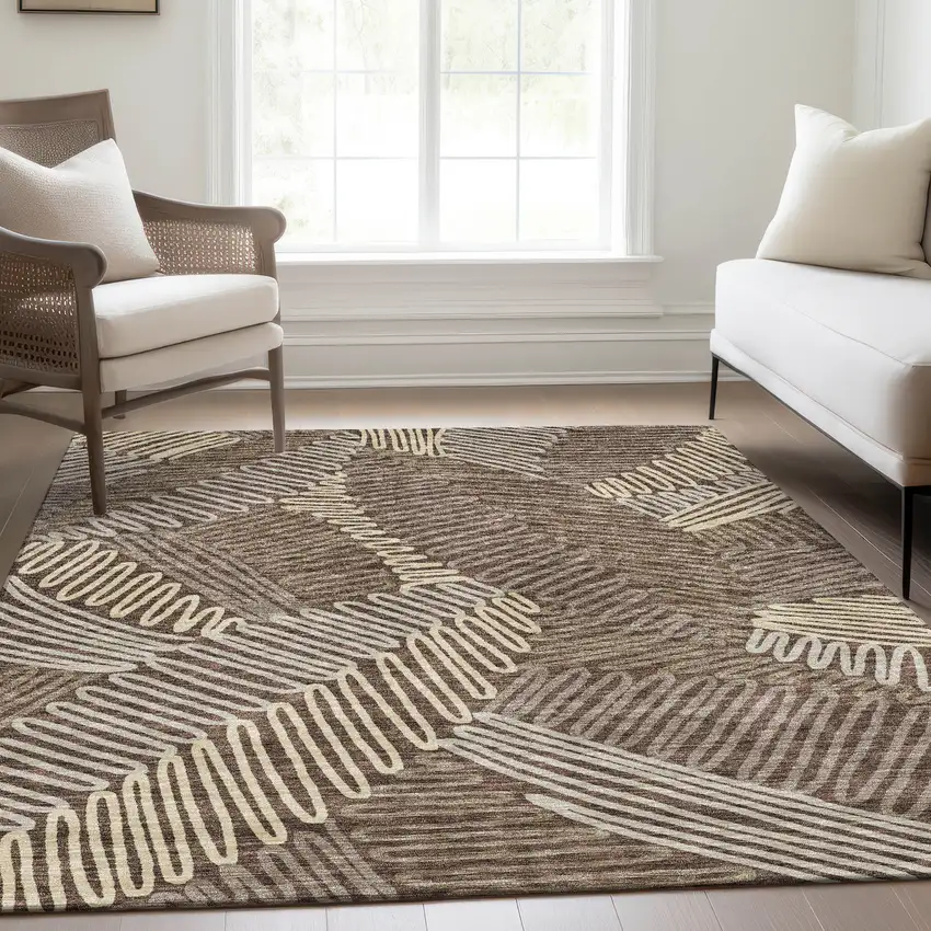 Chocolate And Taupe Floral Washable Area Rug With UV Protection Photo 6