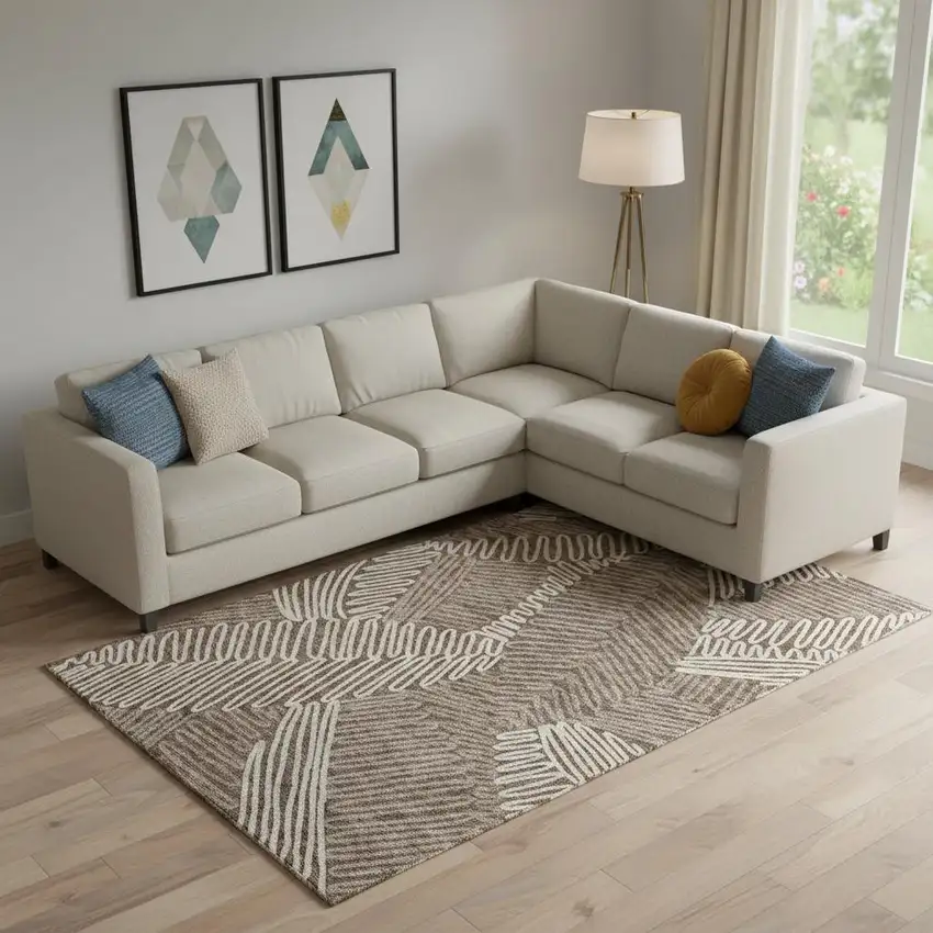 Chocolate And Taupe Floral Washable Area Rug With UV Protection Photo 1